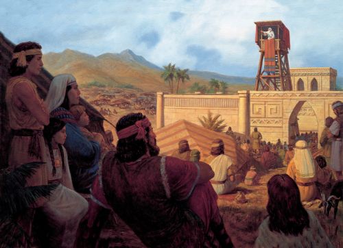 A painting by Gary L. Kapp depicting King Benjamin standing on a tower within a temple complex, speaking to the Nephites gathered around.