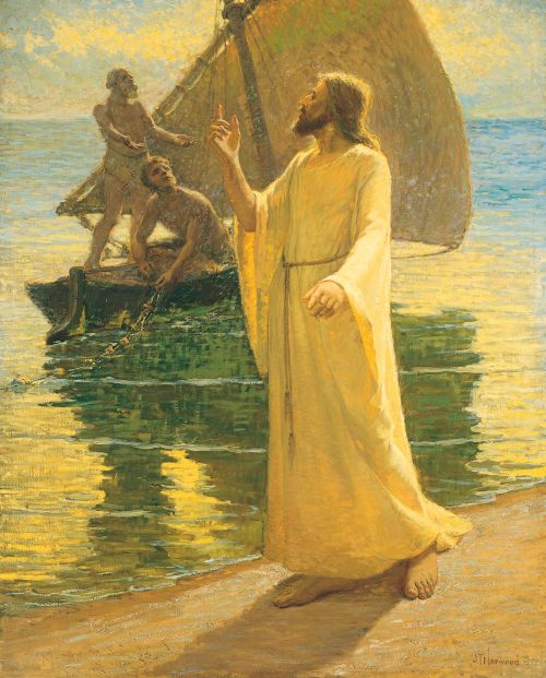 Jesus Christ in a white robe, walking barefoot along the water, calling out to two fishermen in a nearby sailboat.