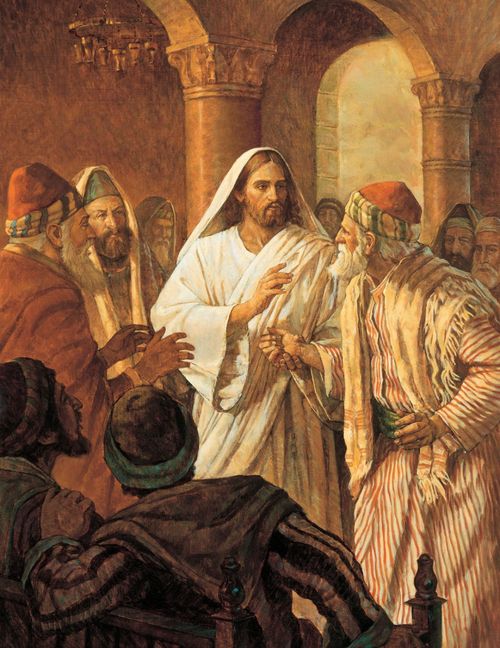 A painting by Robert T. Barrett depicting Christ in a white robe, surrounded by curious onlookers, healing a man’s hand.