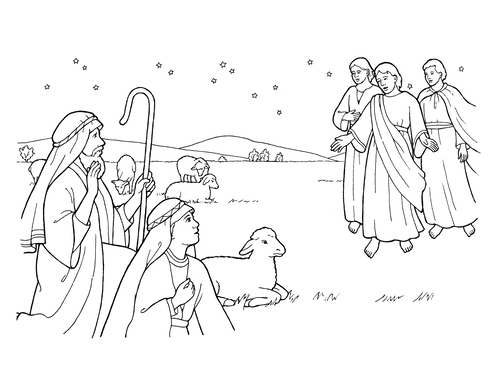 A black-and-white illustration of three angels appearing in the fields to the shepherds who are sitting with their sheep beneath the stars.