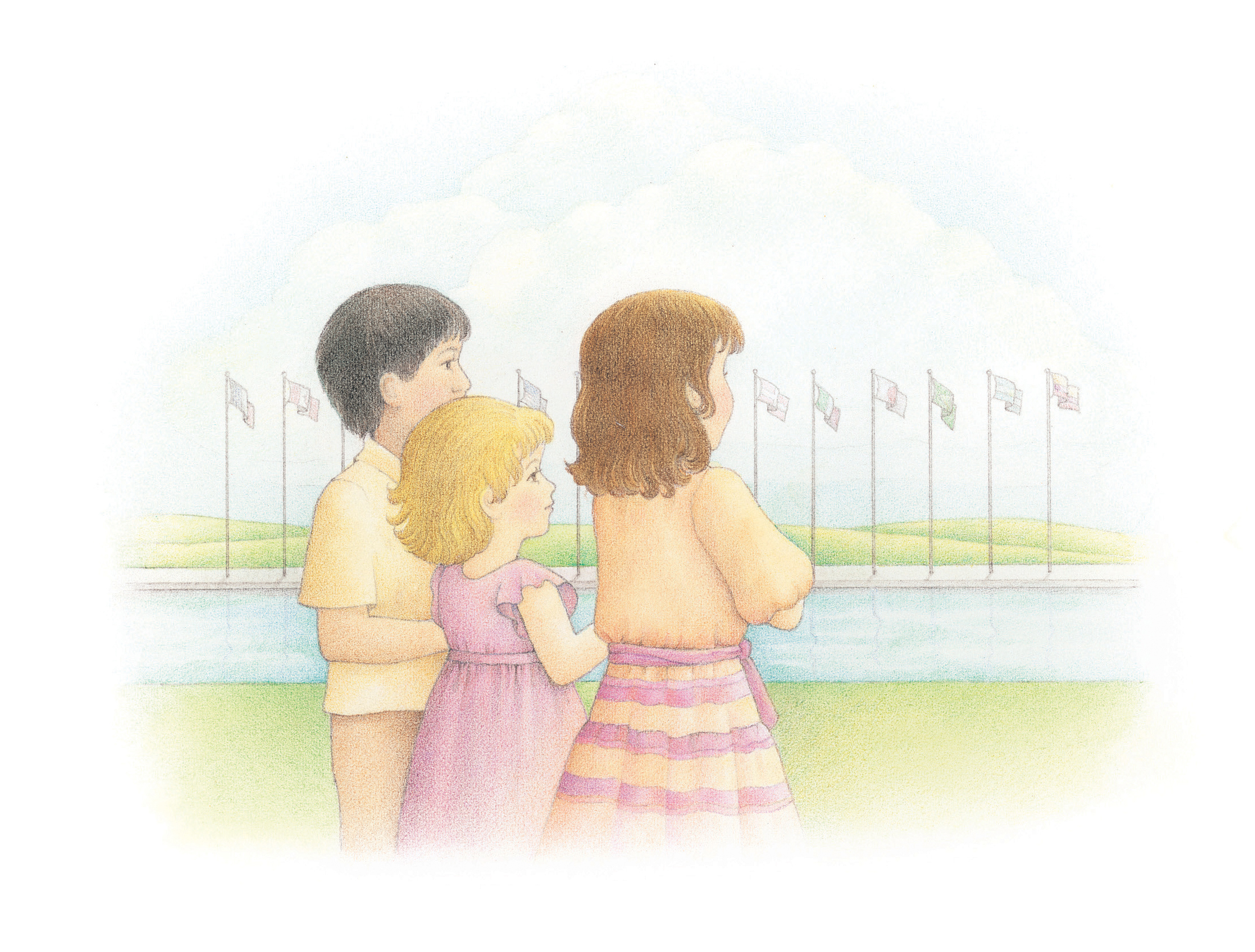 A watercolor illustration of three children standing in a field, looking toward a long row of flags lined up across a small channel of water.