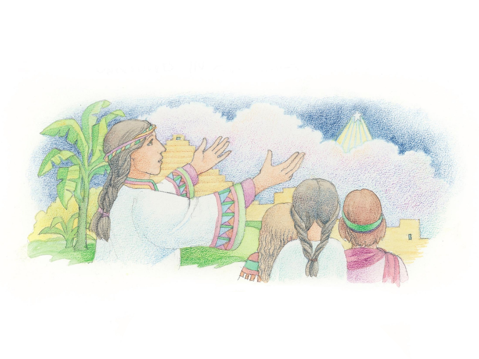A watercolor illustration of Samuel telling the Book of Mormon people about the birth of Christ.