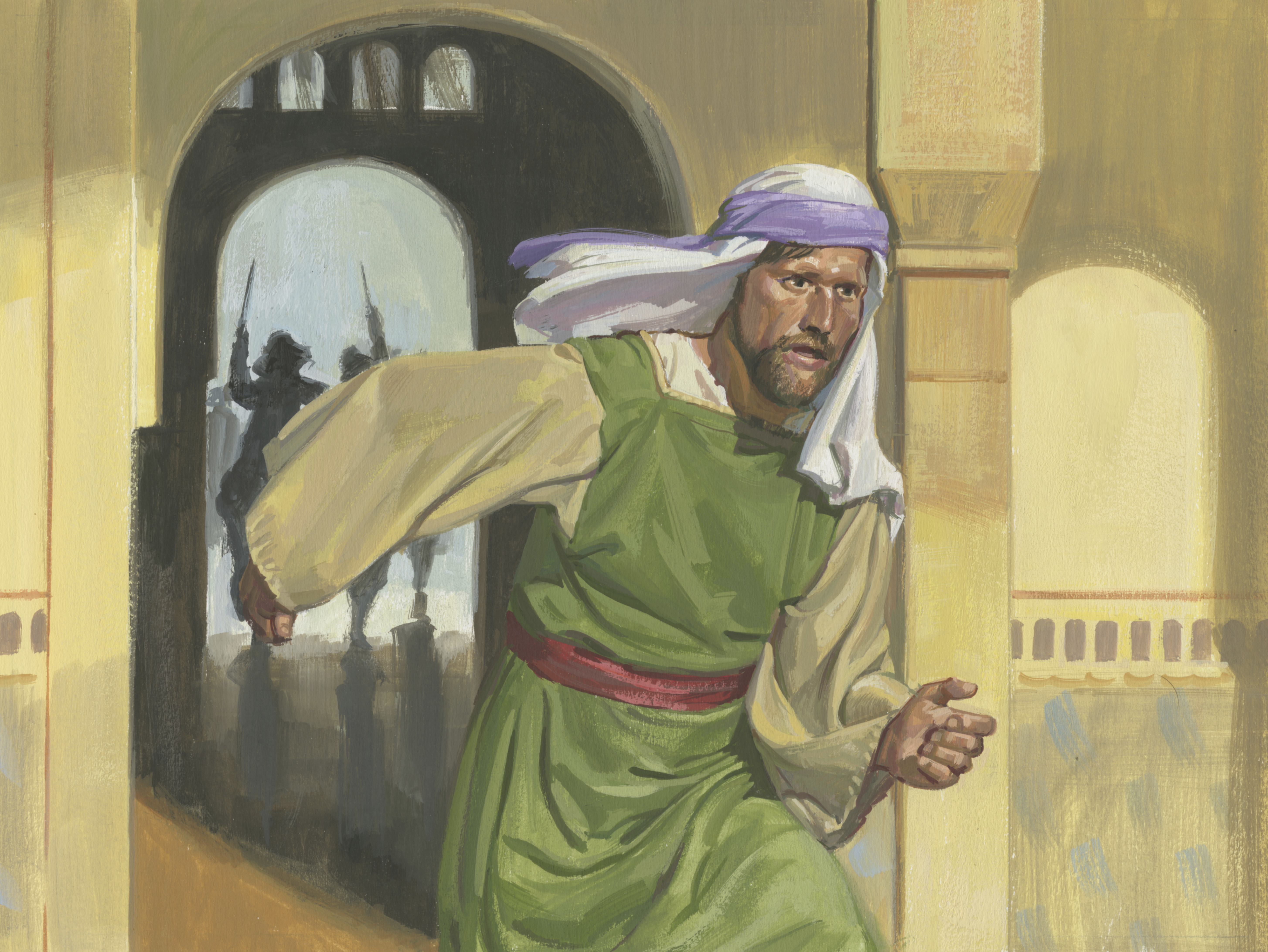 A painting by Jerry Thompson depicting Laman fleeing from Laban’s guards; Primary manual 3-41