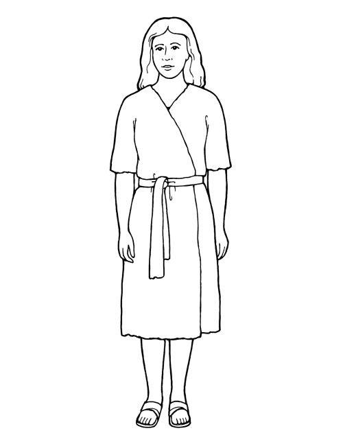 A black-and-white illustration of Eve, wearing a belt and sandals and standing.