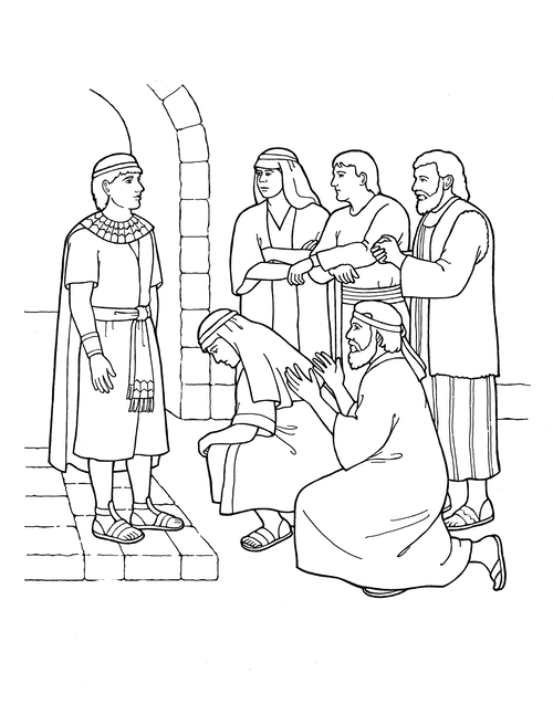 A black-and-white illustration of some of the brothers of Joseph of Egypt, kneeling and begging for forgiveness.