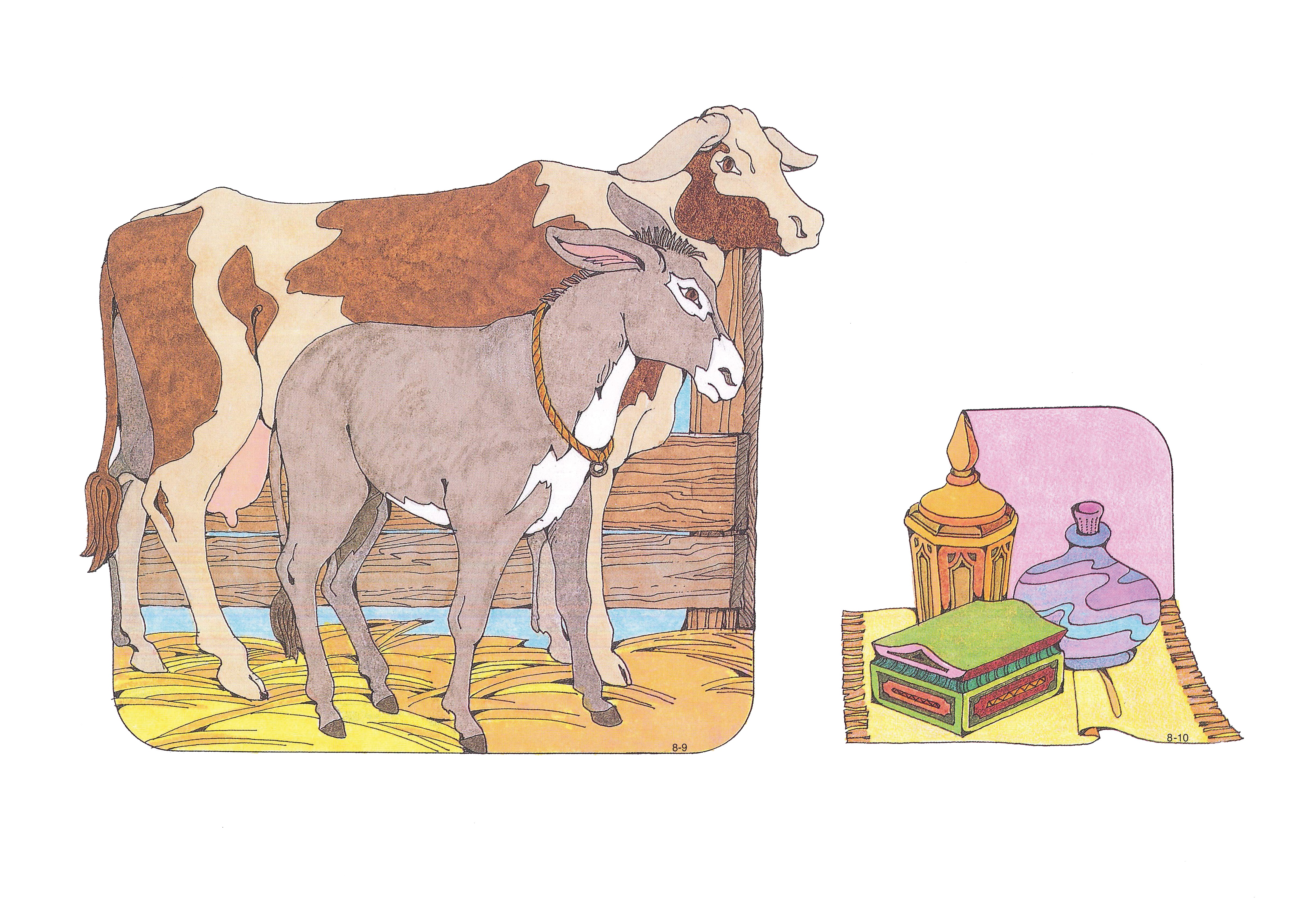 Two Primary cutouts of a cow standing with a donkey by a fence, and the gift from the Magi (the Wise Men).