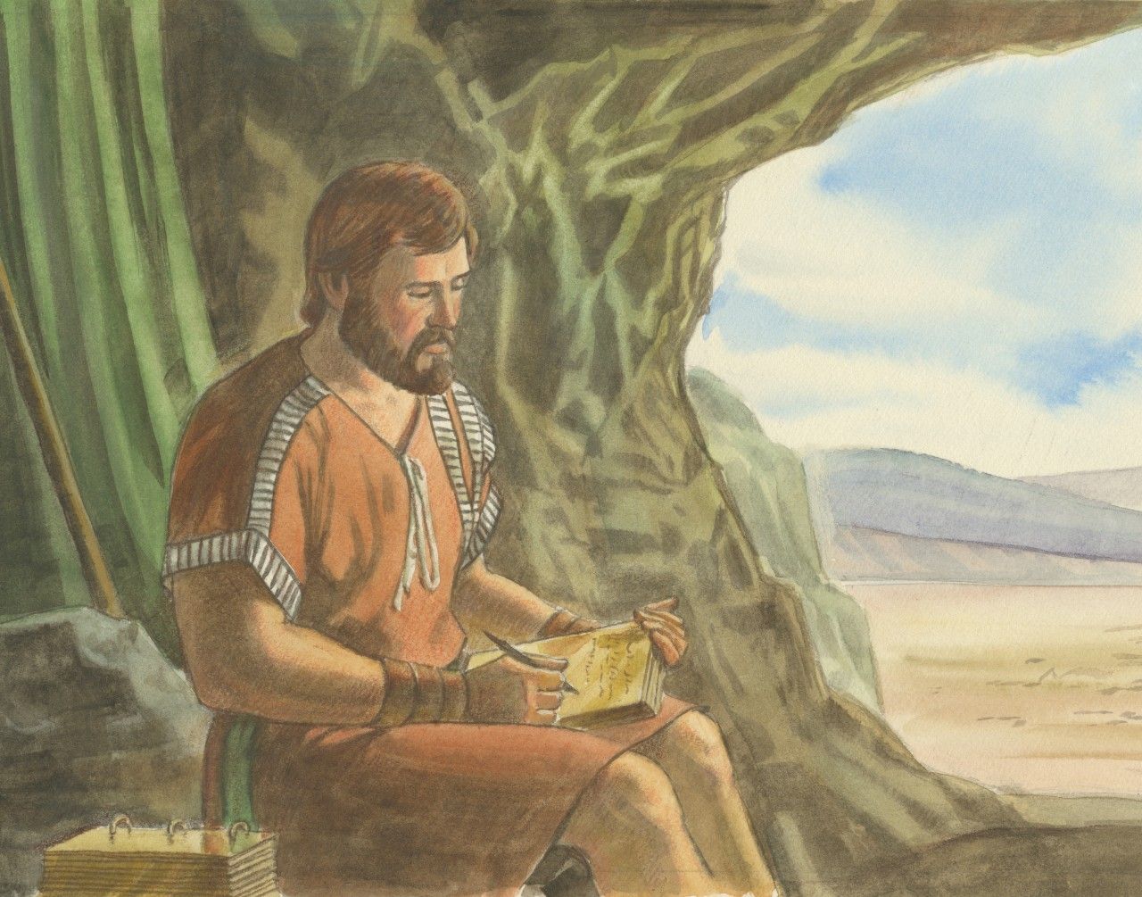 A painting by Robert T. Barrett depicting Ether recording the history of the Jaredites; Primary manual 4-54