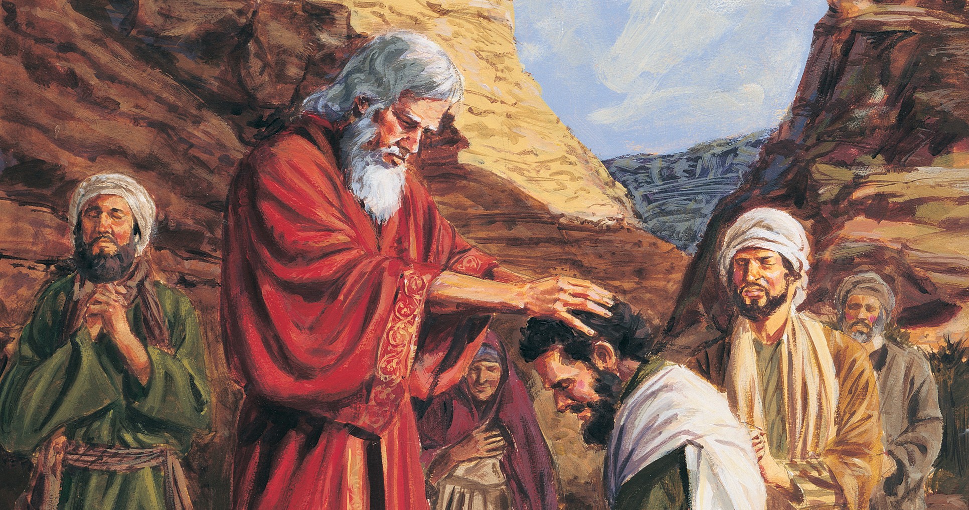 The Old Testament prophet Moses ordaining Joshua to lead the Israelites.  Joshua is kneeling before Moses.  Moses has his hands on the head of Joshua.  A group of men and women are gathered around Moses and Joshua watching.  A desert landscape is in the background.