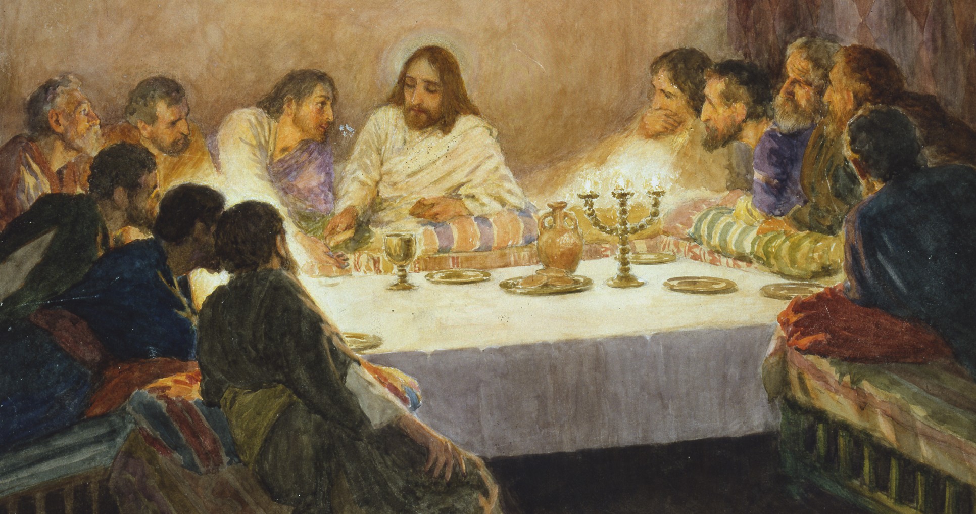 One watercolor painting.  Christ and disciples sit around table; two of them lie on "beds" which sit at right angles to main table; arched window above Christ.  Signed.