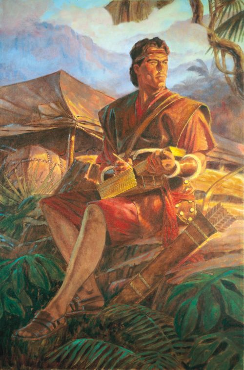 Nephi writing on the gold plates.