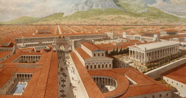 Corinth, Southern Greece, the Forum and Civic Center, painting by Balage Balogh/www.ArchaeologyIllustrated.com