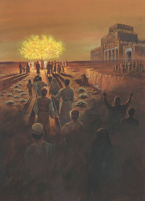 A painting by Jerry Thompson depicting people walking near or holding onto the iron rod leading to the tree of life, with others at the large and spacious building across the ravine.