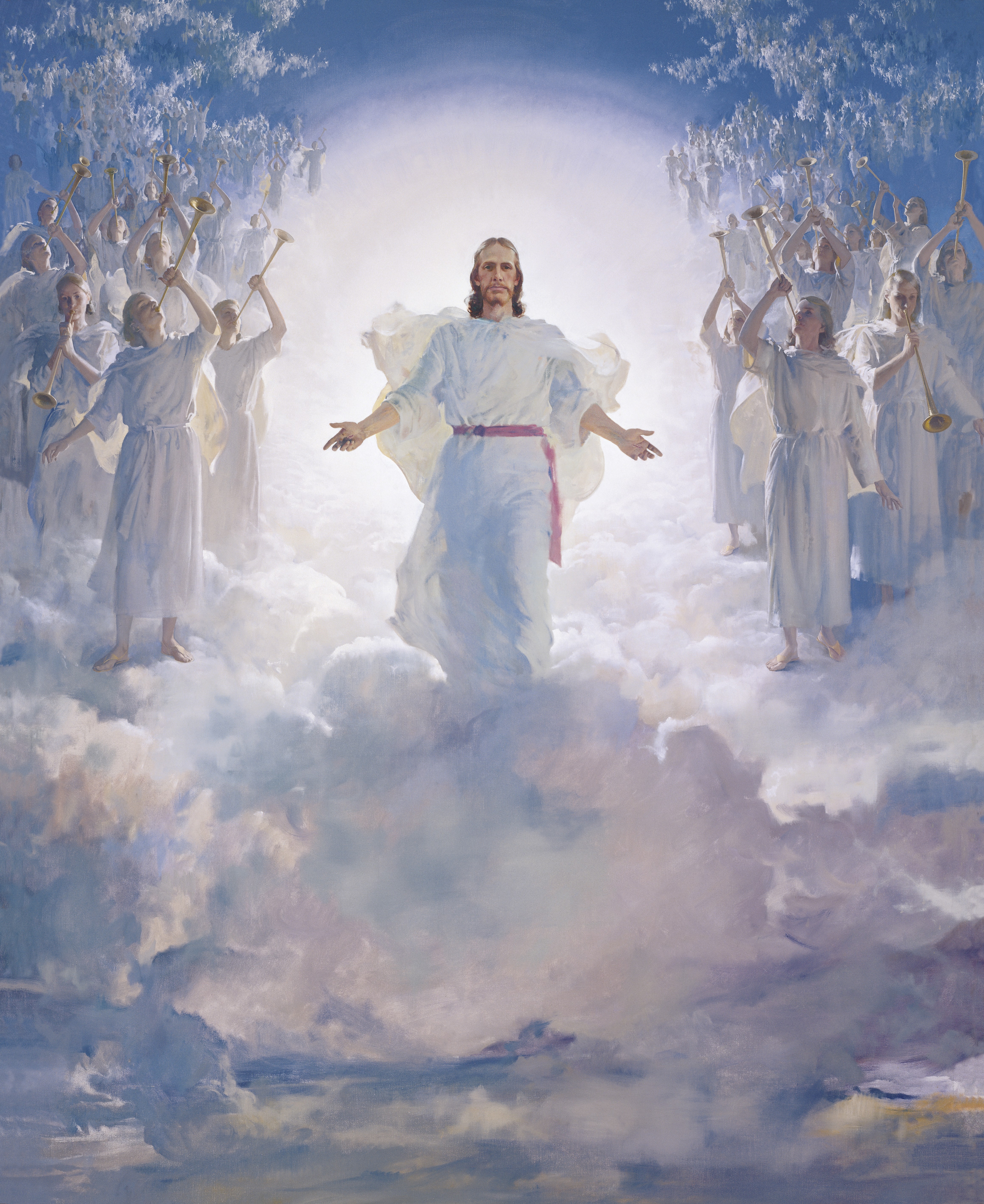 Jesus Christ in white robes and a red sash, standing on a cloud in the air, surrounded by thousands of angels blowing trumpets.