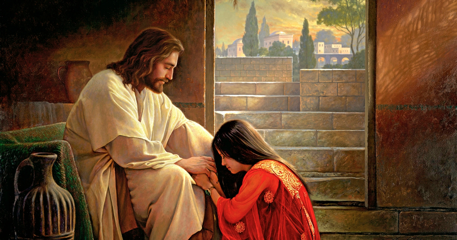 Woman kneeling down at Jesus' feet.  Painting by Greg Olsen.