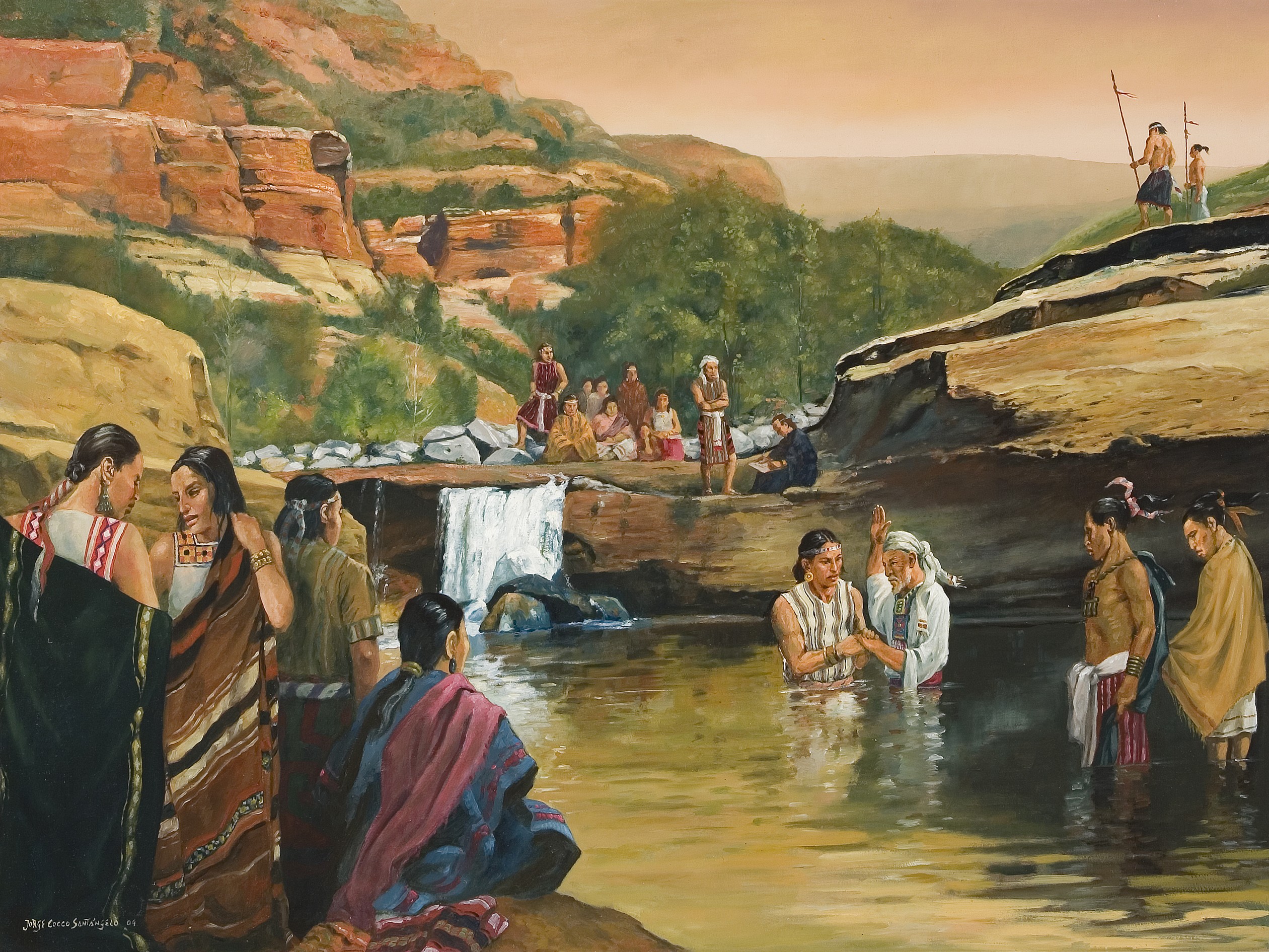 An oil painting by Jorge Cocco depicting Alma baptizing converts at the Waters of Mormon.