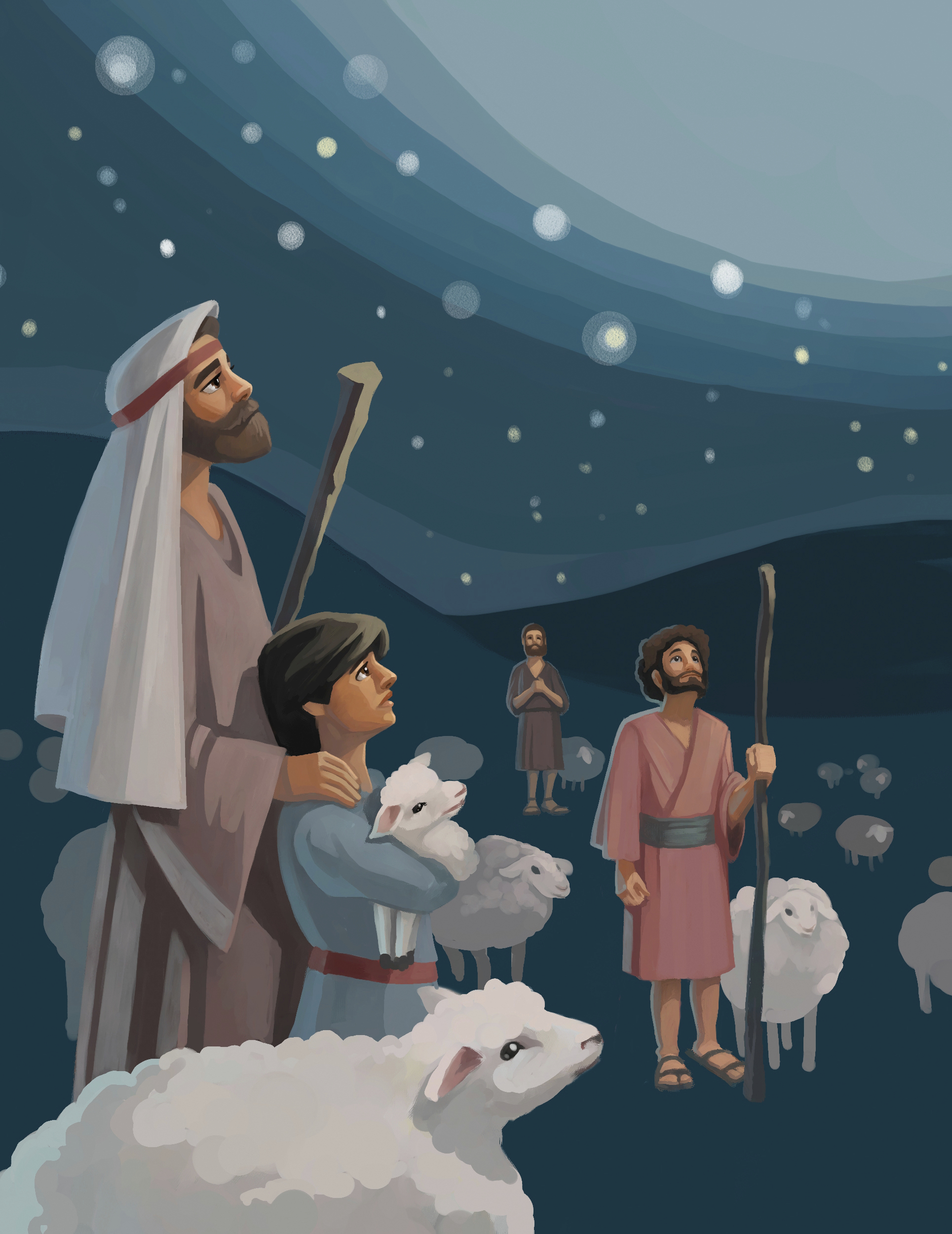 Shepherds look up in the sky as a new star appears on the night of Christ’s birth.
