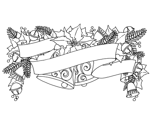A coloring page of a Christmas banner with two large bells in the center, framed by poinsettias and pine boughs.