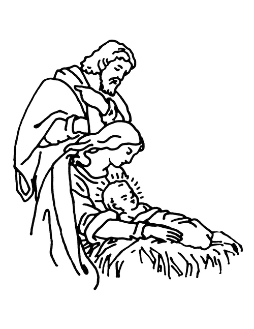 Line drawing of the Nativity showing Joseph, Mary and the baby Jesus.