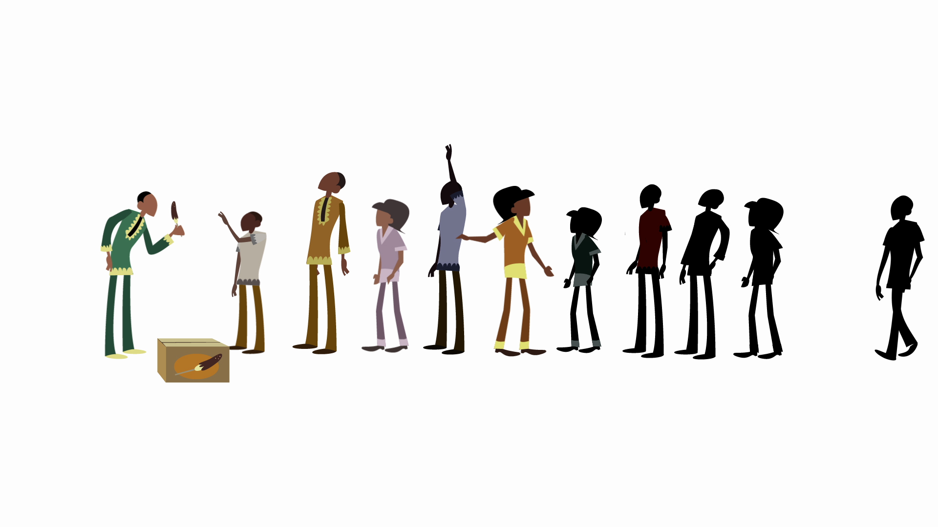 An animated image of people standing in line as they greet a man at the front.