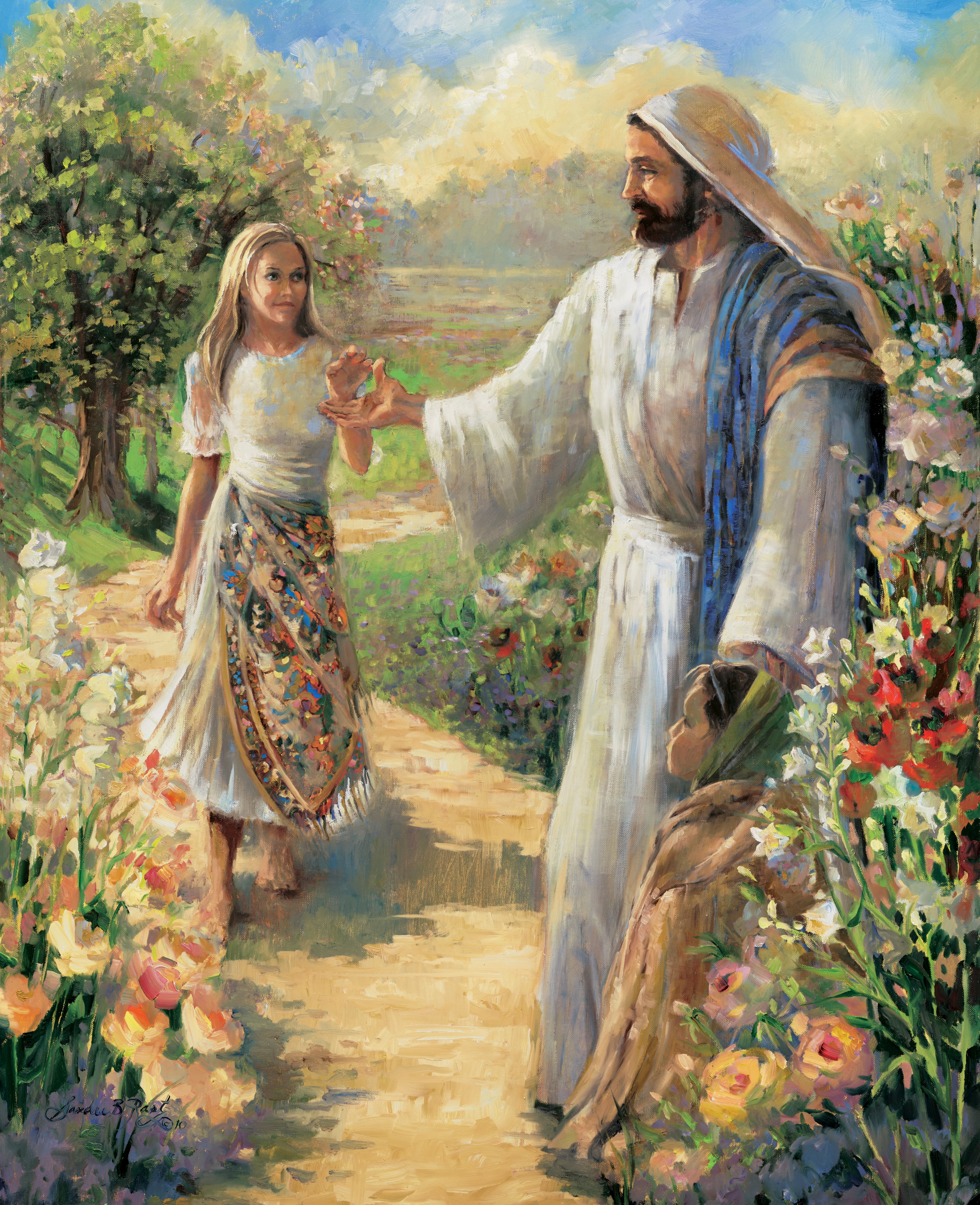An oil painting by Sandra Rast depicting Christ reaching out to a woman to join Him and a child as they walk in a garden.