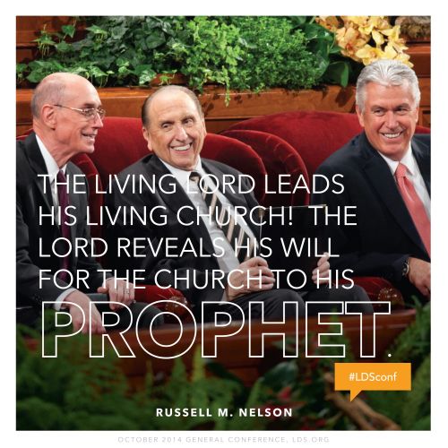 An image of the First Presidency at conference, coupled with a quote by President Russell M. Nelson: “The living Lord leads His living Church!”