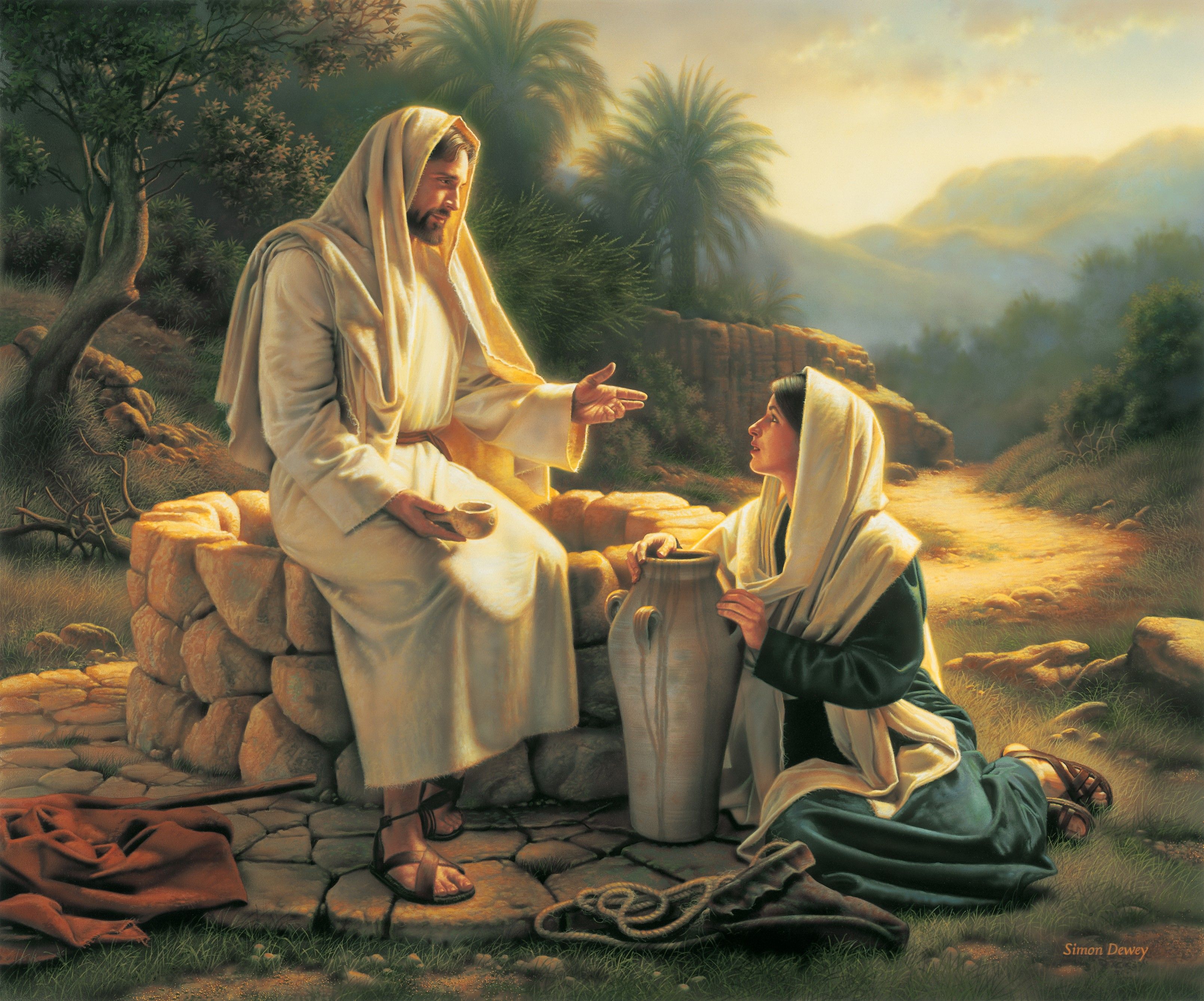 Living Water (Jesus and the Samaritan Woman), by Simon Dewey; GAB 36; John 4:3–30, 39–42; Doctrine and Covenants 63:23
