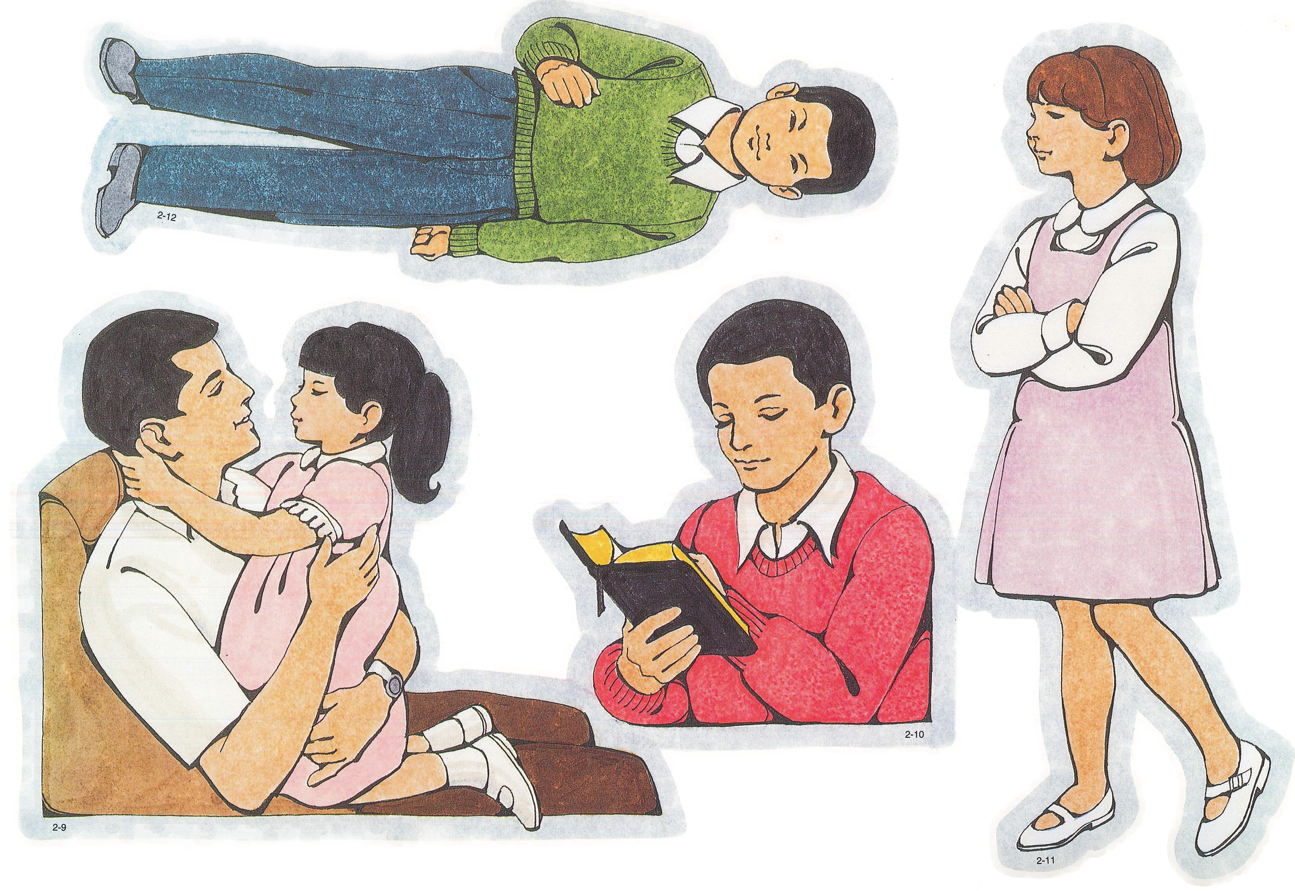 Primary cutouts of a girl hugging her father, a boy reading scriptures, a girl walking reverently with folded arms, and an Asian Primary boy.