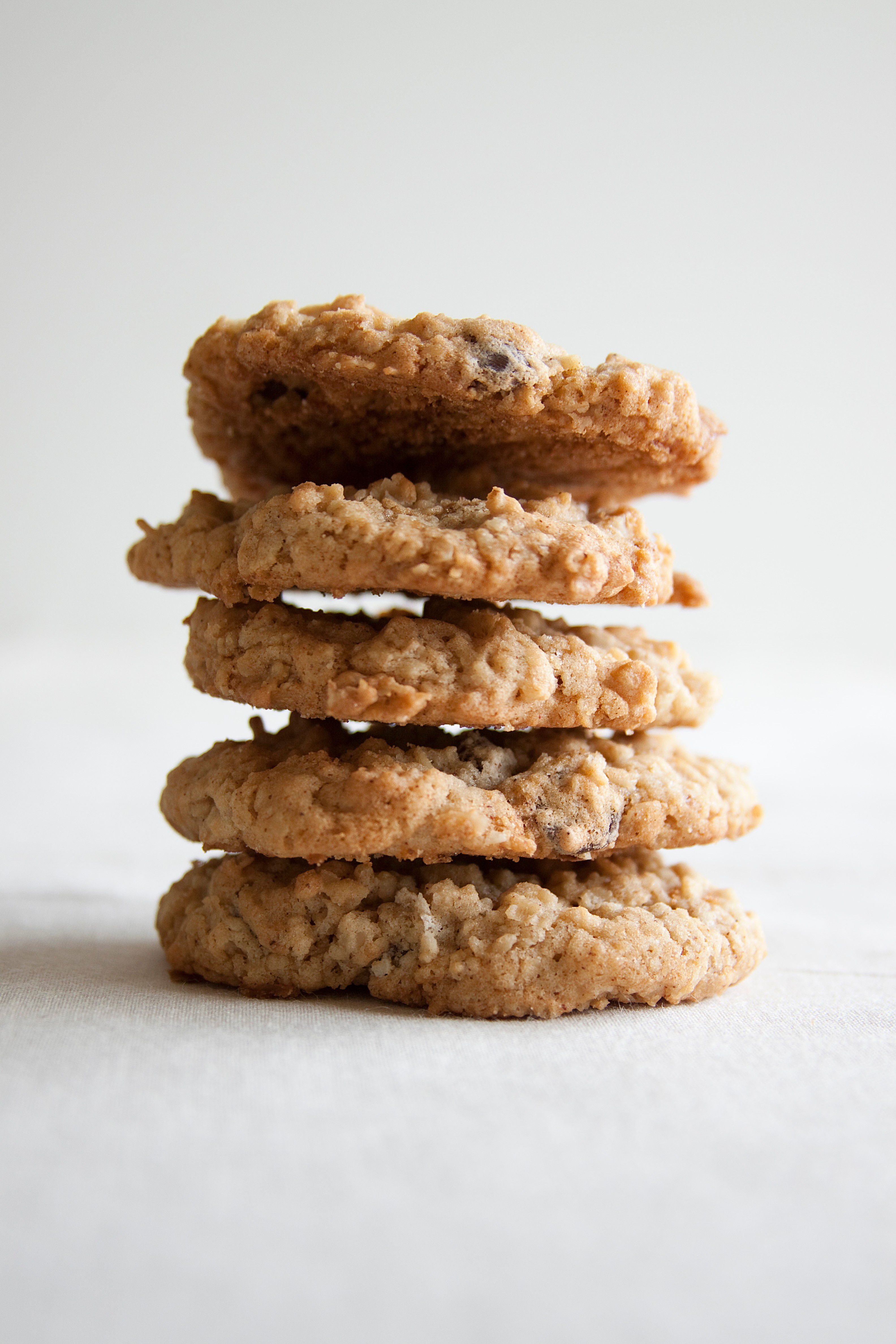 A stack of five oatmeal cookies.