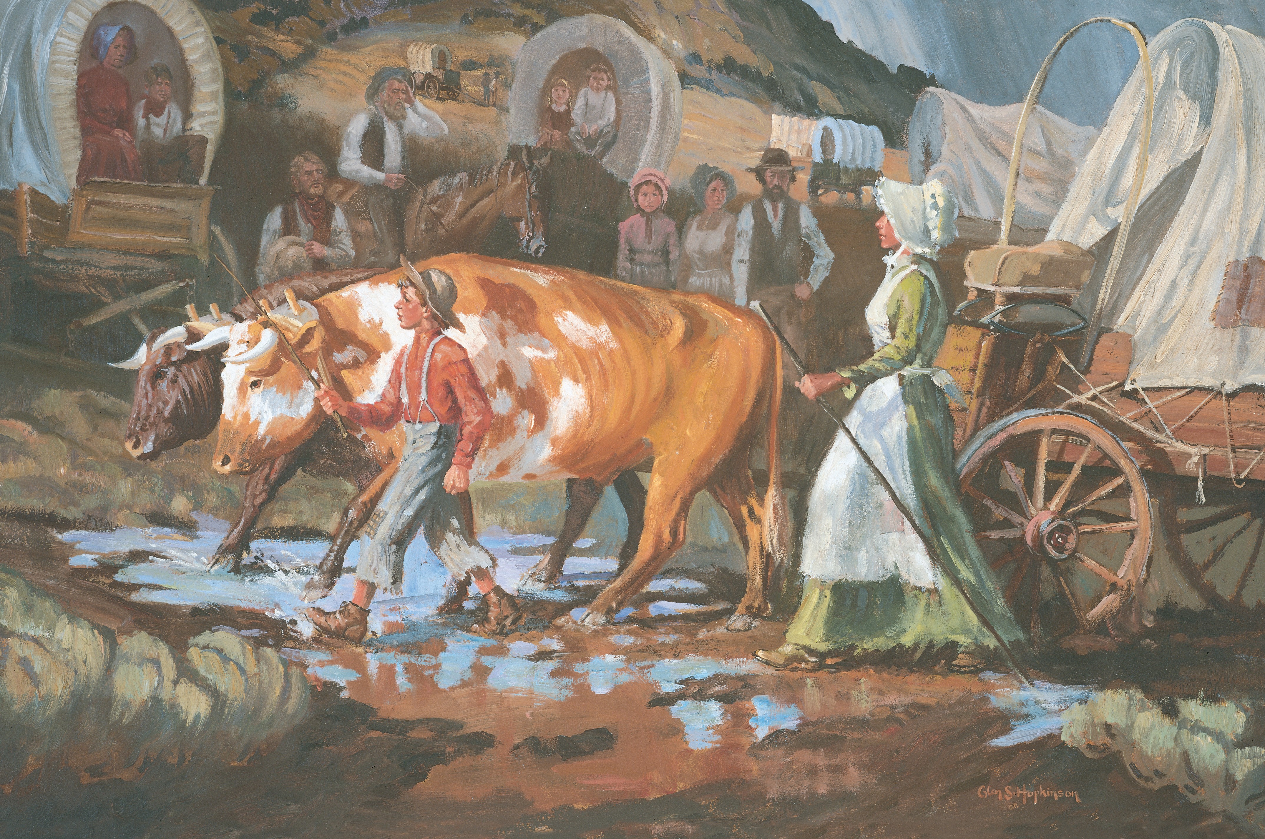 A painting by Glen S. Hopkinson depicting Joseph F. Smith as a young man walking next to the oxen pulling their wagon, with his mother, Mary Fielding Smith, following close behind.