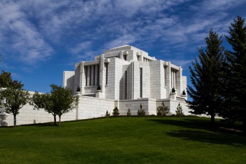 The trees and lawns on the grounds of the Cardston Alberta Temple, which is on top of the hill.