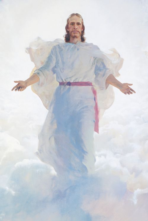 A painting by Harry Anderson showing Christ in white robes and a red sash, standing on a cloud with His arms outstretched.