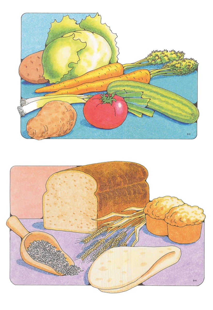 Two Primary cutouts of a variety of vegetables against a blue background and a variety of bread or grains with a light purple background.