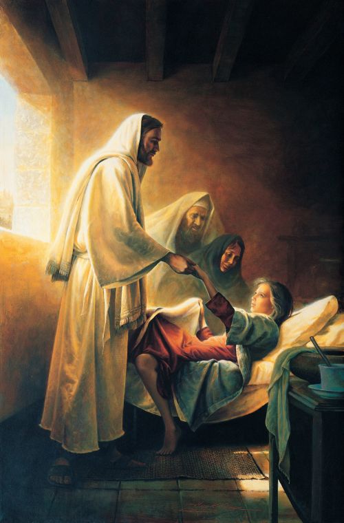 Christ in a white robe, holding the hand of a young girl whom He has just raised from the dead while her parents look on.