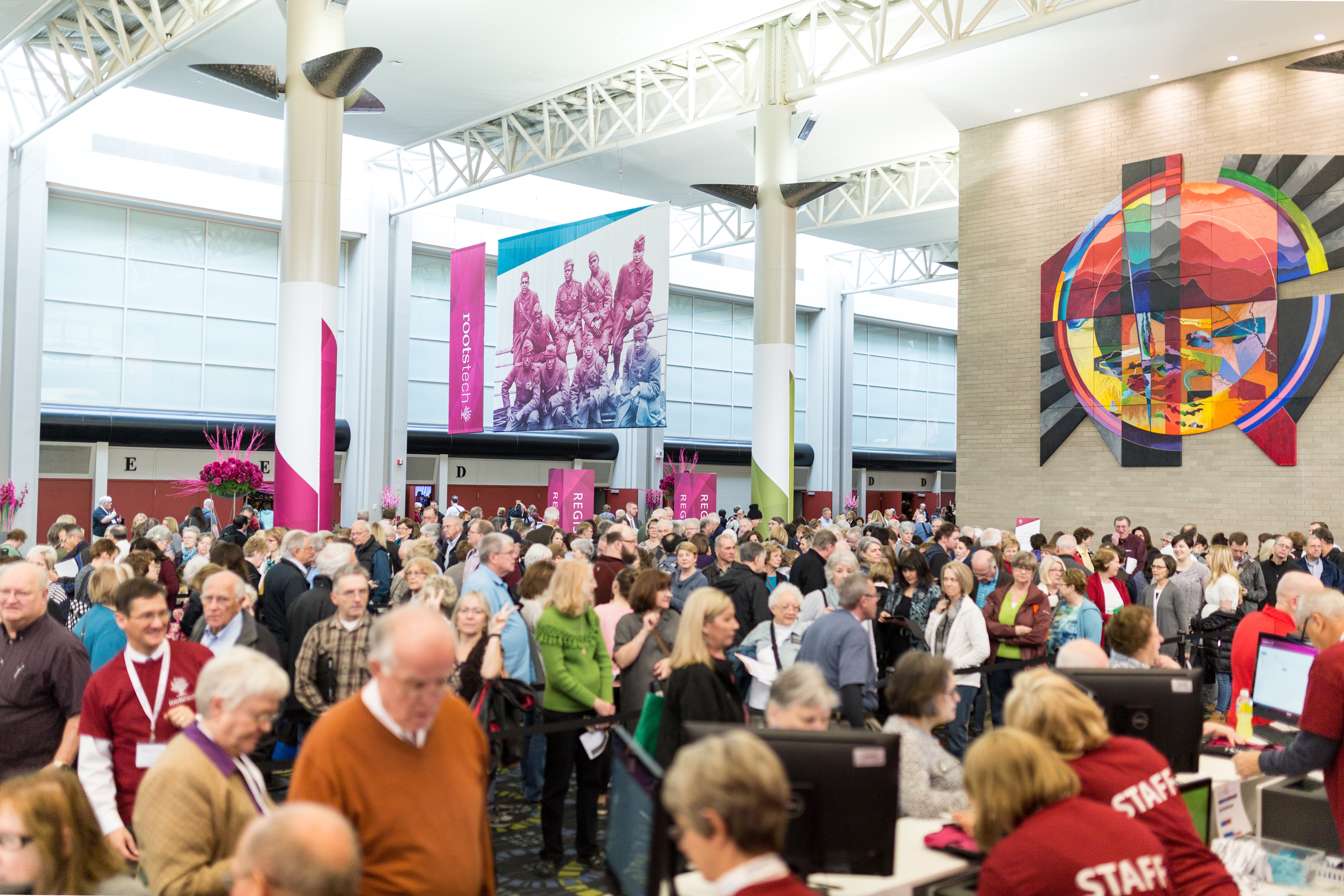 A number of pictures featuring men, women, and children enjoying their time at RootsTech 2017.