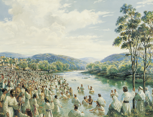 A painting by Sidney King showing a large throng of people going down into a river to be baptized.