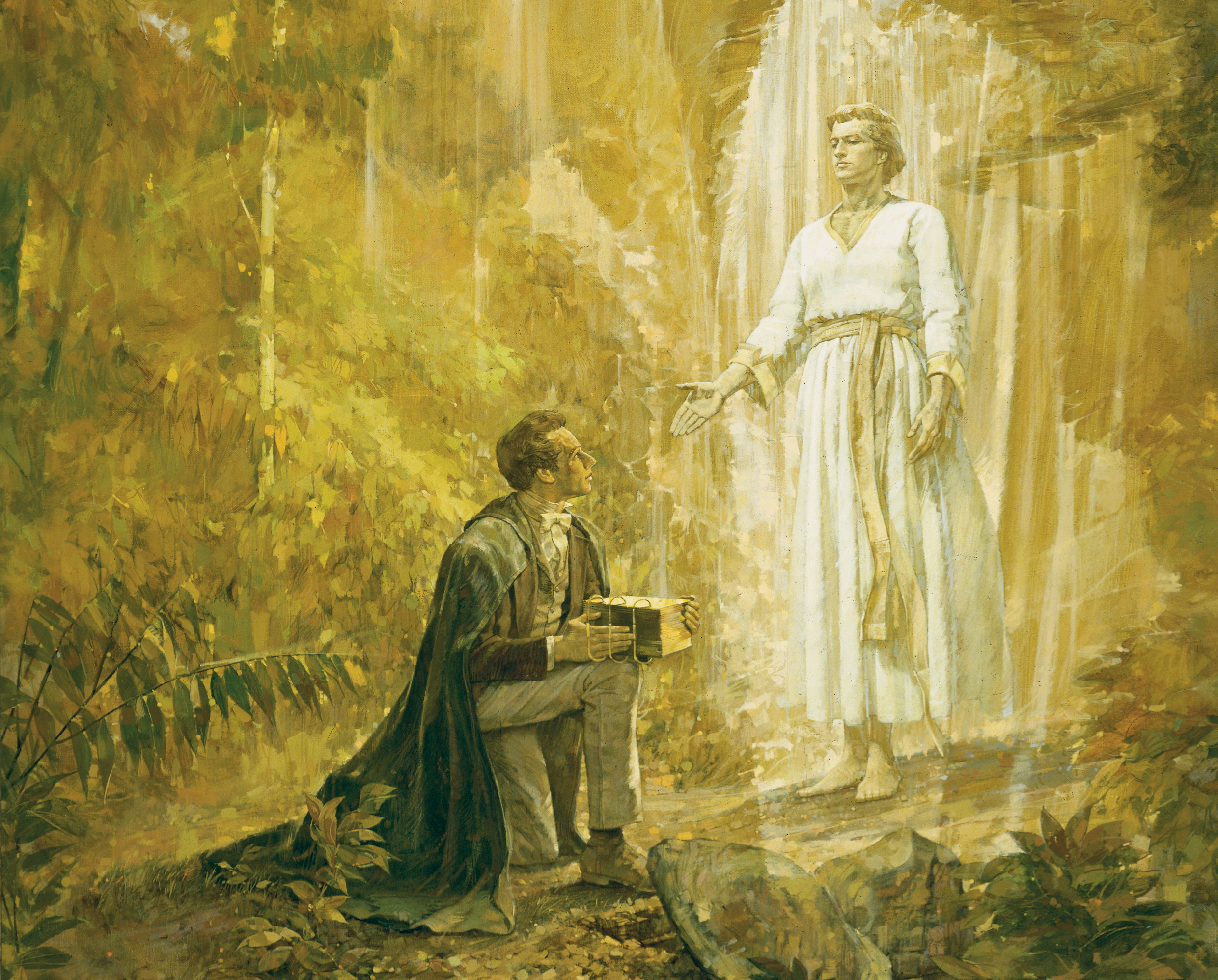 Joseph Smith kneeling on one knee and holding the gold plates as he looks up at the angel Moroni, who has appeared to him. Foreground and background depict plant and tree foliage.