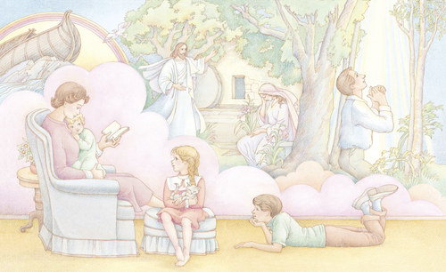 A watercolor illustration of a mother reading to her three children while the children imagine the scripture stories that she is reading to them.