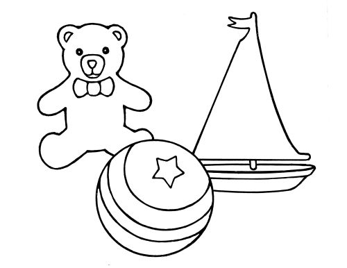 A black-and-white illustration of a small toy sailboat, a teddy bear, and a large ball with a star on it.