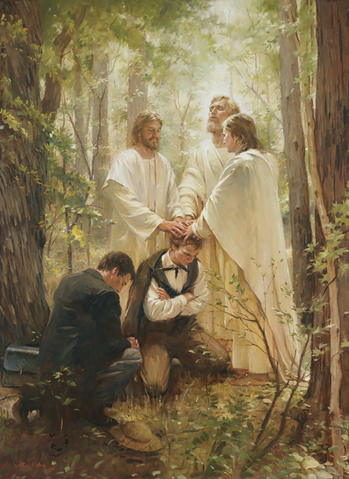 A painting depicting the restoration of the Melchizedek Priesthood by Peter, James, and John.