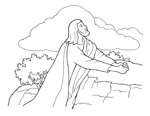 A black-and-white illustration of Jesus Christ kneeling near a rock and praying in the Garden of Gethsemane.