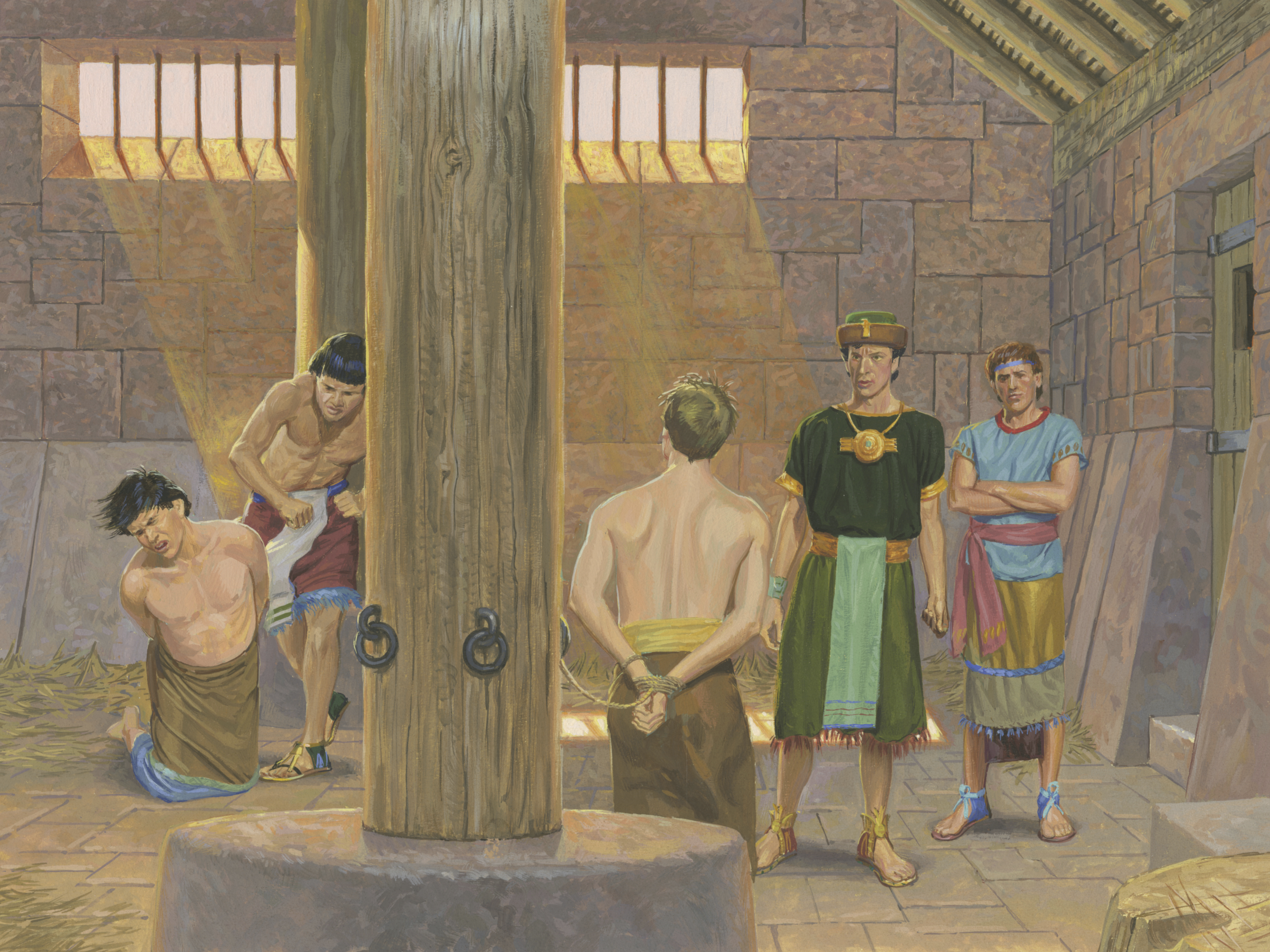 A painting by Jerry Thompson depicting Alma and Amulek in prison; Primary manual 4-28