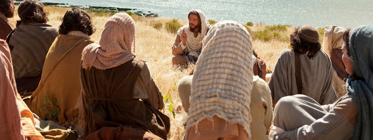 Jesus is shown in the background teaching a group of people in the foreground, they are all sitting.  Outtakes include a view of the multitude, and Jesus in the foreground with the group behind him.