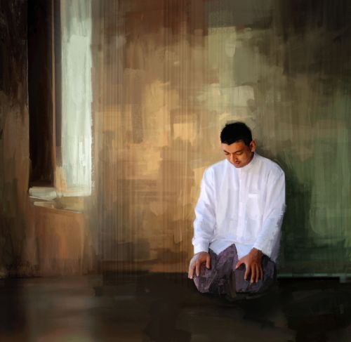 An illustration by Joshua Dennis of a man in a white shirt kneeling to pray.