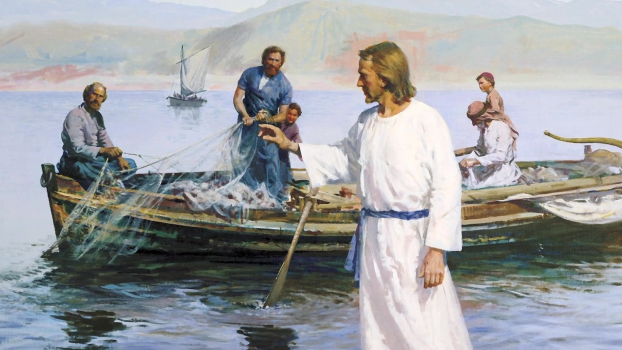 An artist rendition of Christ meeting the fishers on a boat