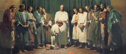 A panoramic scale painting of Christ in white robes, laying His hands on the head of one of His Apostles while the other eleven stand on either side.