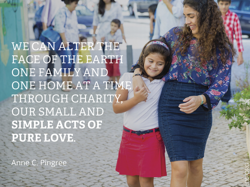 A photograph of a young woman walking with her sister, combined with a quote by Sister Anne C. Pingree: “We can alter the face of the earth … through charity.”