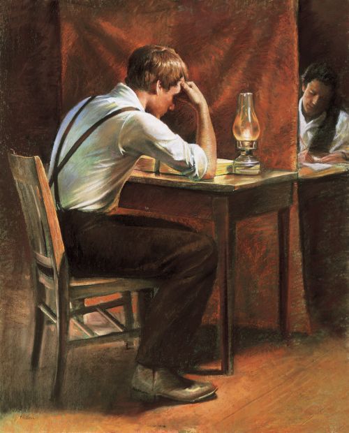 A painting by Del Parson depicting Joseph Smith sitting at a desk with his head resting on his elbow while he translates the gold plates to Oliver Cowdery on the other side of a curtain.