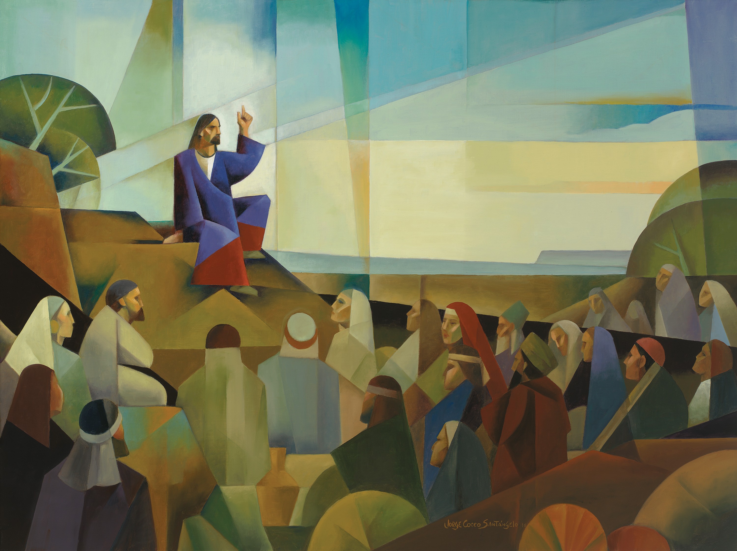 A colorful painting of Christ preaching the Sermon on the Mount to the multitude.
