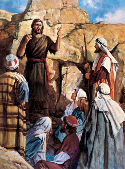A painting by Del Parson showing John the Baptist in a brown robe talking to a group of people.