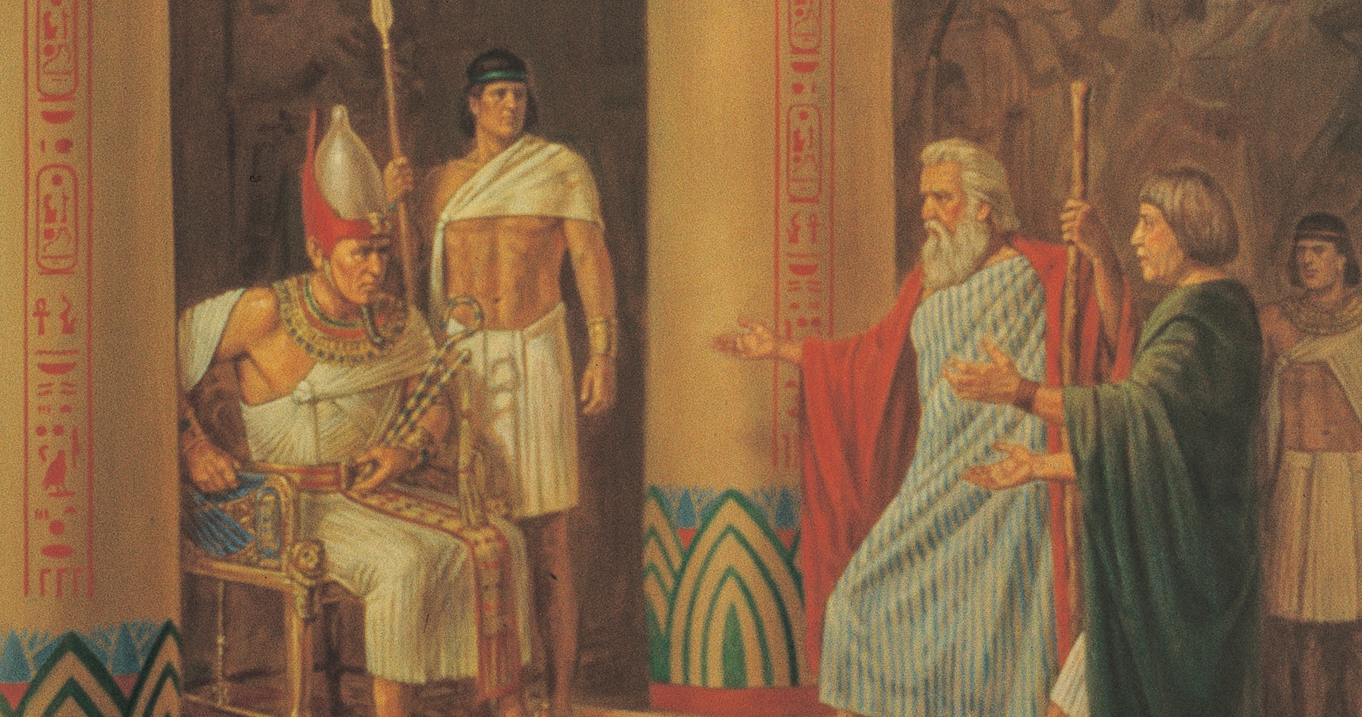 The Old Testament prophet Moses and his brother Aaron standing in the Court of the Pharaoh of Egypt. Moses and Aaron are petitioning for the release of the Israelites from bondage. A guard is standing by the Pharaoh.